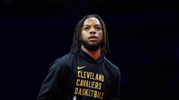 Nov 21, 2023; Philadelphia, Pennsylvania, USA; Cleveland Cavaliers guard Darius Garland warms up before action against the Philadelphia 76ers at Wells Fargo Center. Mandatory Credit: Bill Streicher-USA TODAY Sports